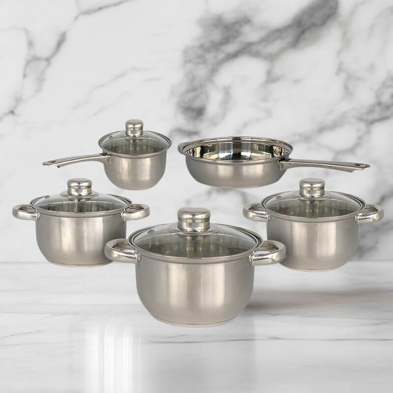 Conjunto de Panelas 5 Peças em Aço Inox com Tampa de Vidro