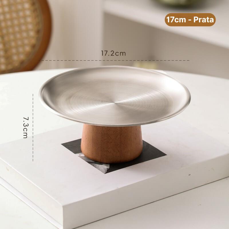 Bandeja Alta em Aço inoxidável Premium com Pé e Base de Madeira