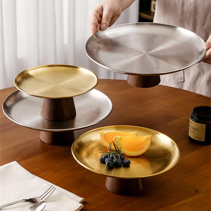 Bandeja Alta em Aço inoxidável Premium com Pé e Base de Madeira