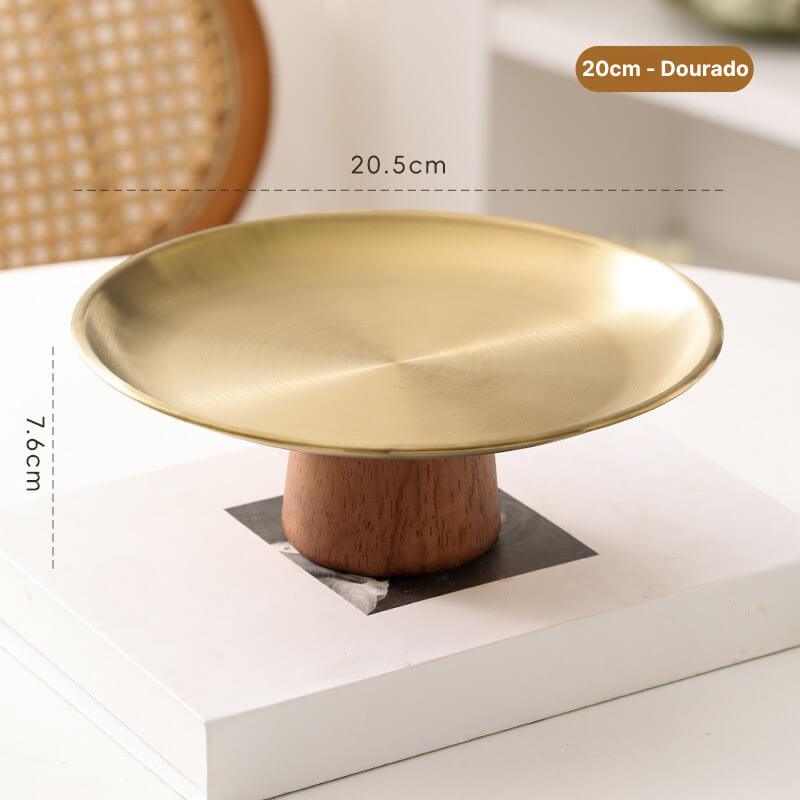 Bandeja Alta em Aço inoxidável Premium com Pé e Base de Madeira