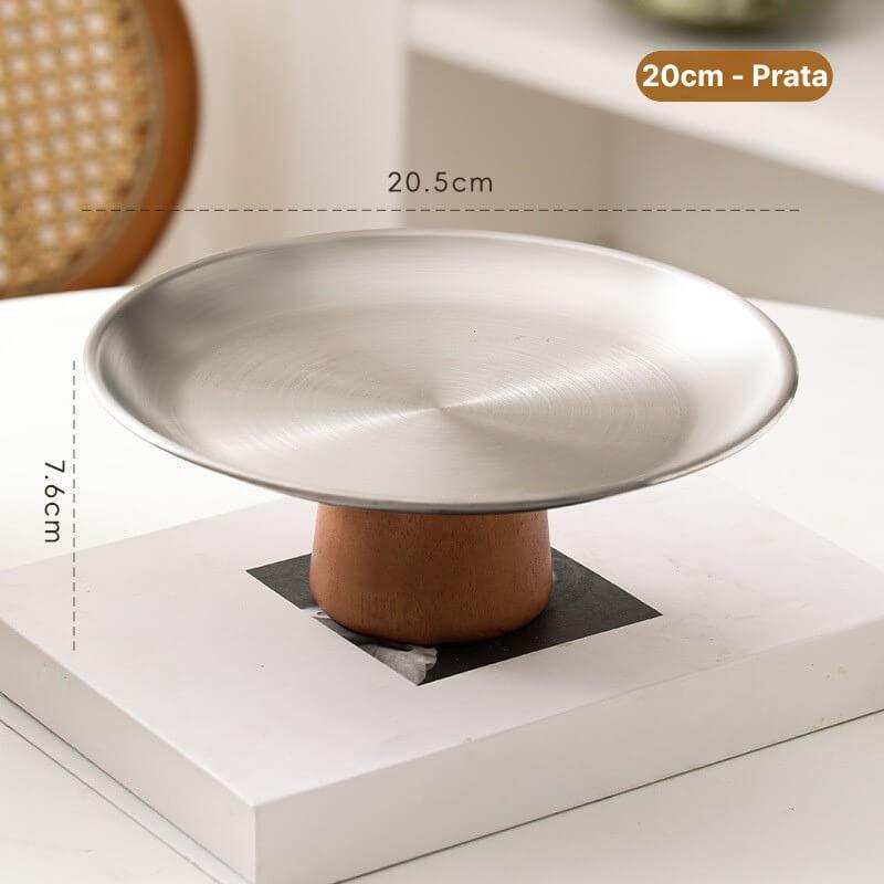 Bandeja Alta em Aço inoxidável Premium com Pé e Base de Madeira