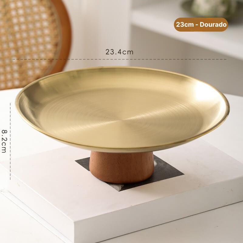 Bandeja Alta em Aço inoxidável Premium com Pé e Base de Madeira