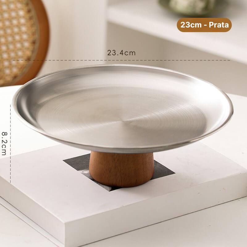 Bandeja Alta em Aço inoxidável Premium com Pé e Base de Madeira