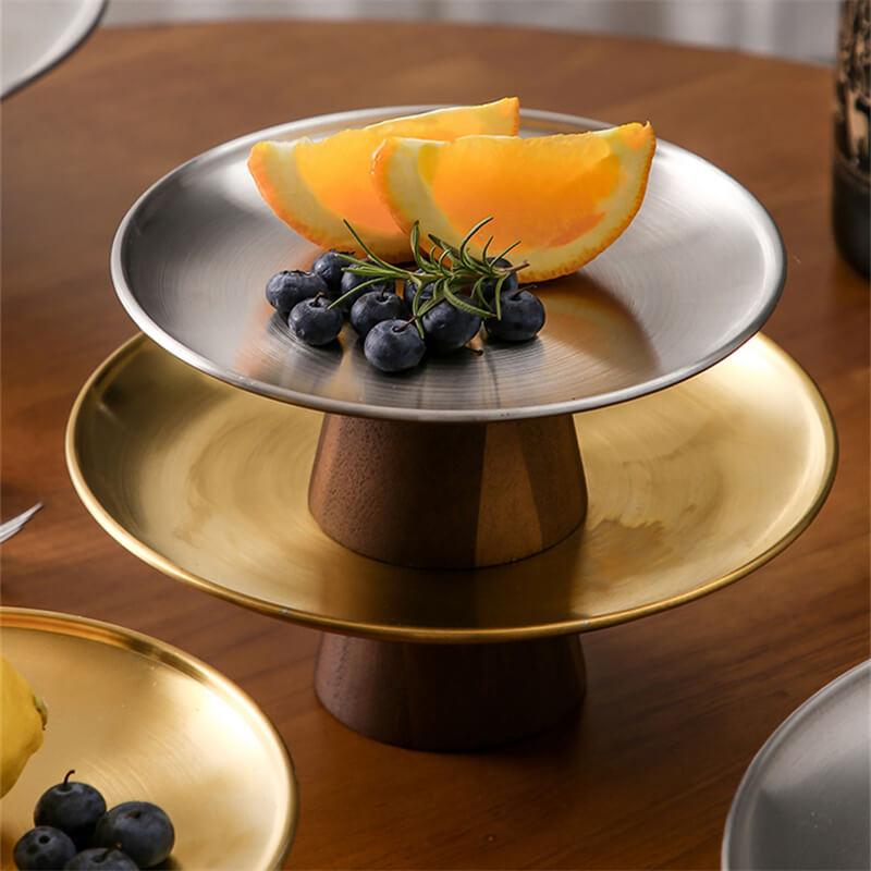 Bandeja Alta em Aço inoxidável Premium com Pé e Base de Madeira