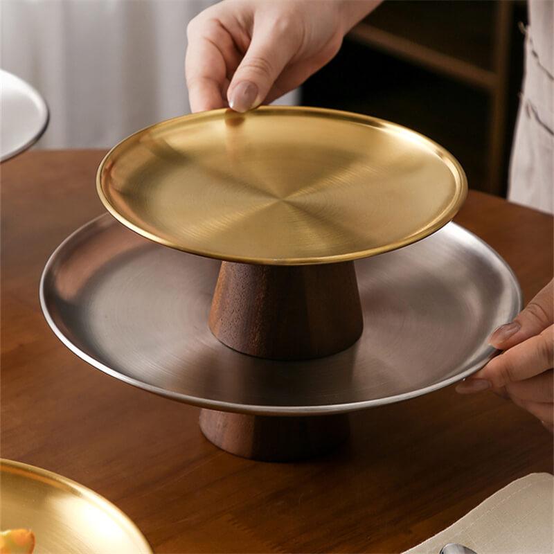 Bandeja Alta em Aço inoxidável Premium com Pé e Base de Madeira