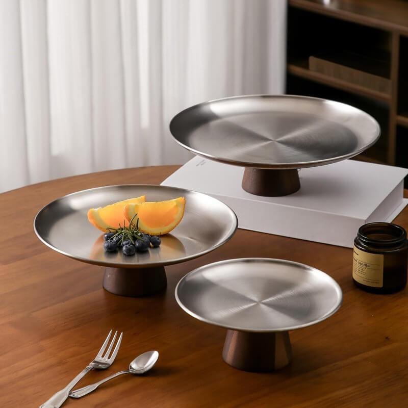 Bandeja Alta em Aço inoxidável Premium com Pé e Base de Madeira