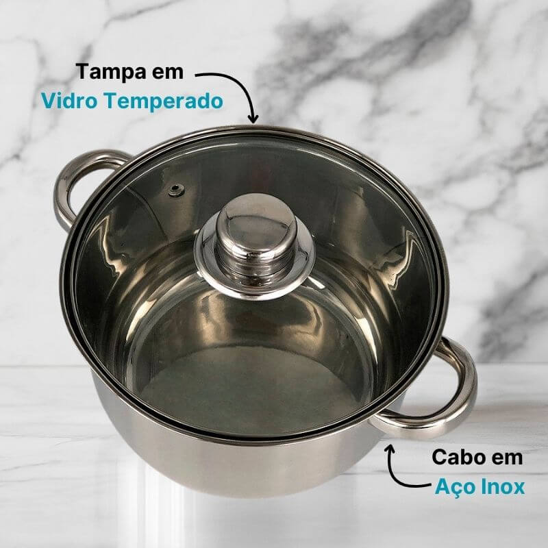 Conjunto de Panelas 5 Peças em Aço Inox com Tampa de Vidro