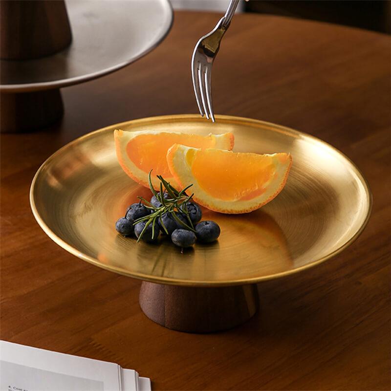 Bandeja Alta em Aço inoxidável Premium com Pé e Base de Madeira