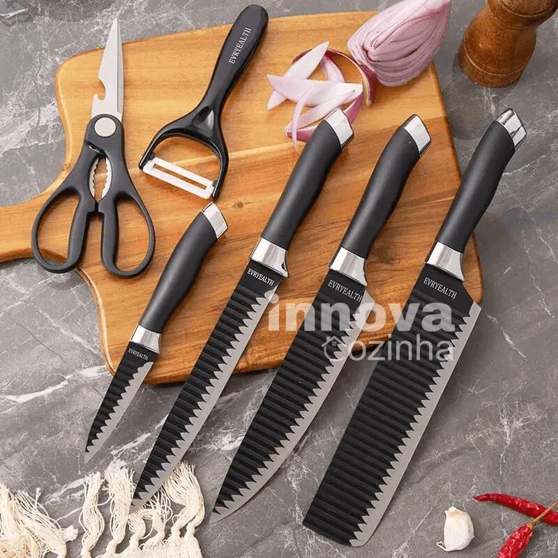 Jogo de Facas Pretas em Aço Inoxidável 6 Peças – Linha InnovaChef