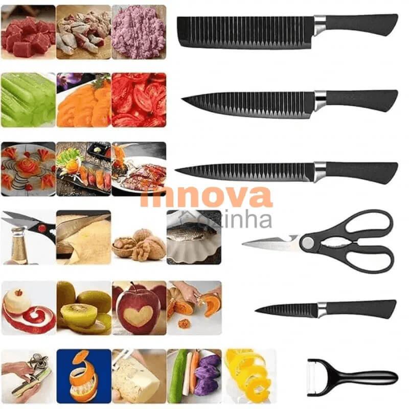 Jogo de Facas Pretas em Aço Inoxidável 6 Peças – Linha InnovaChef