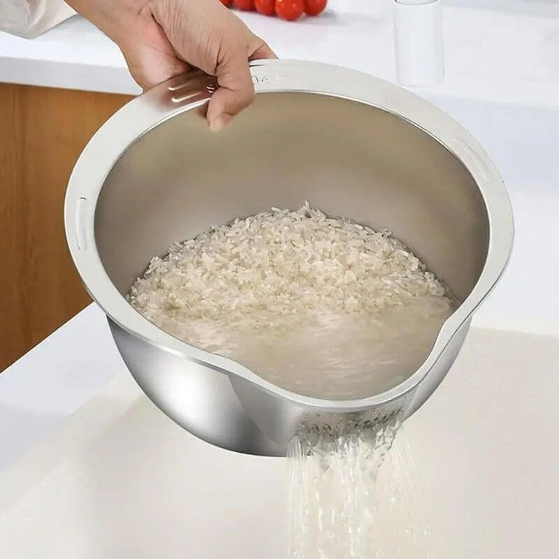 Lava-Arroz e Escorredor em Inox InnovaRice - Diga Adeus à Bagunça na Pia e Prepare Seus Alimentos Com Leveza, Praticidade e Higiene!