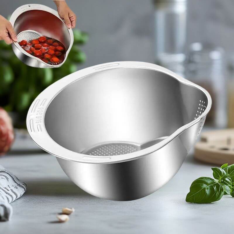 Lava-Arroz e Escorredor em Inox InnovaRice - Diga Adeus à Bagunça na Pia e Prepare Seus Alimentos Com Leveza, Praticidade e Higiene!