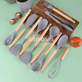 Kit Gourmet 12 Peças em Silicone & Bambu