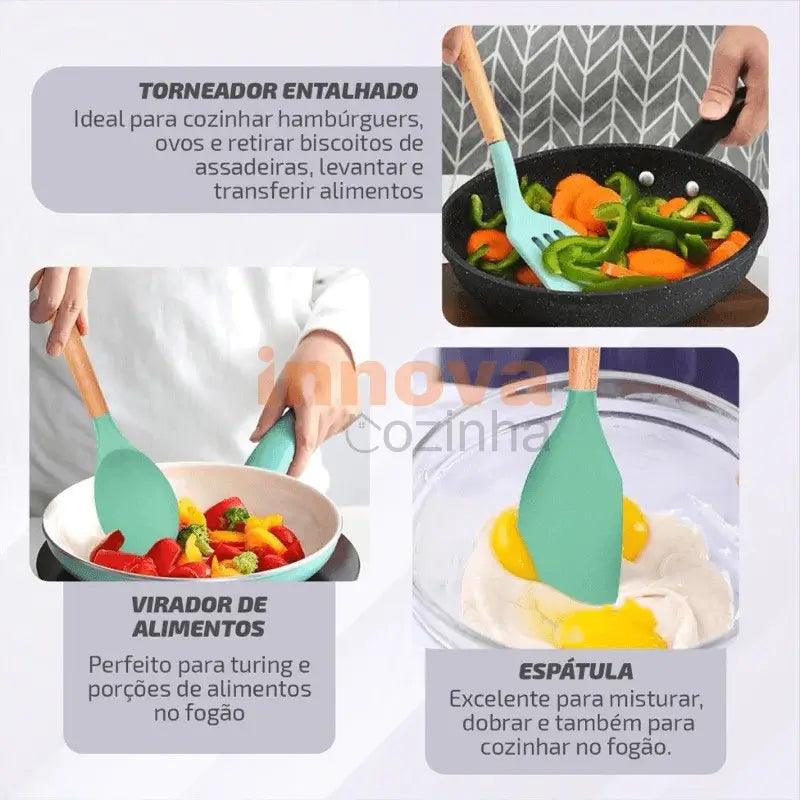 Kit Gourmet 12 Peças em Silicone & Bambu