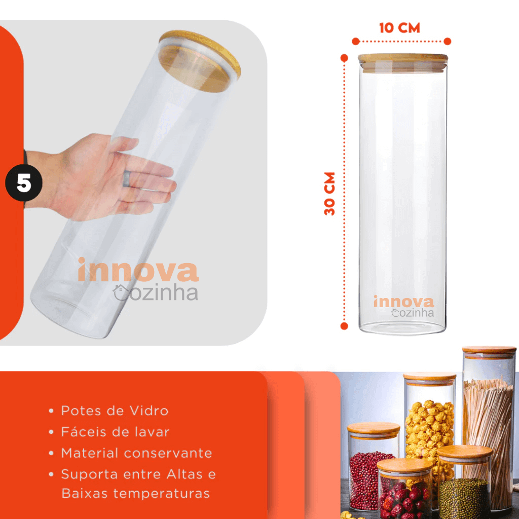 InnovaBamboo Fresh | Porta Mantimentos de Vidro Hermético com Tampa de Bambu c/ 5 peças - InnovaCozinha