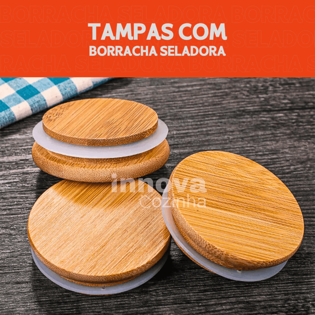 InnovaBamboo Fresh | Porta Mantimentos de Vidro Hermético com Tampa de Bambu c/ 5 peças - InnovaCozinha