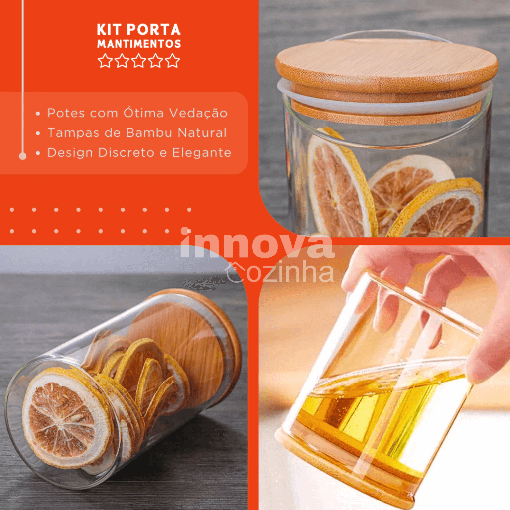 InnovaBamboo Fresh | Porta Mantimentos de Vidro Hermético com Tampa de Bambu c/ 5 peças - InnovaCozinha