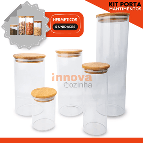 InnovaBamboo Fresh | Porta Mantimentos de Vidro Hermético com Tampa de Bambu c/ 5 peças - InnovaCozinha