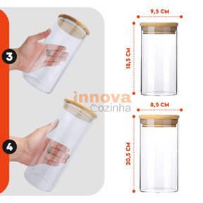 InnovaBamboo Fresh | Porta Mantimentos de Vidro Hermético com Tampa de Bambu c/ 5 peças - InnovaCozinha